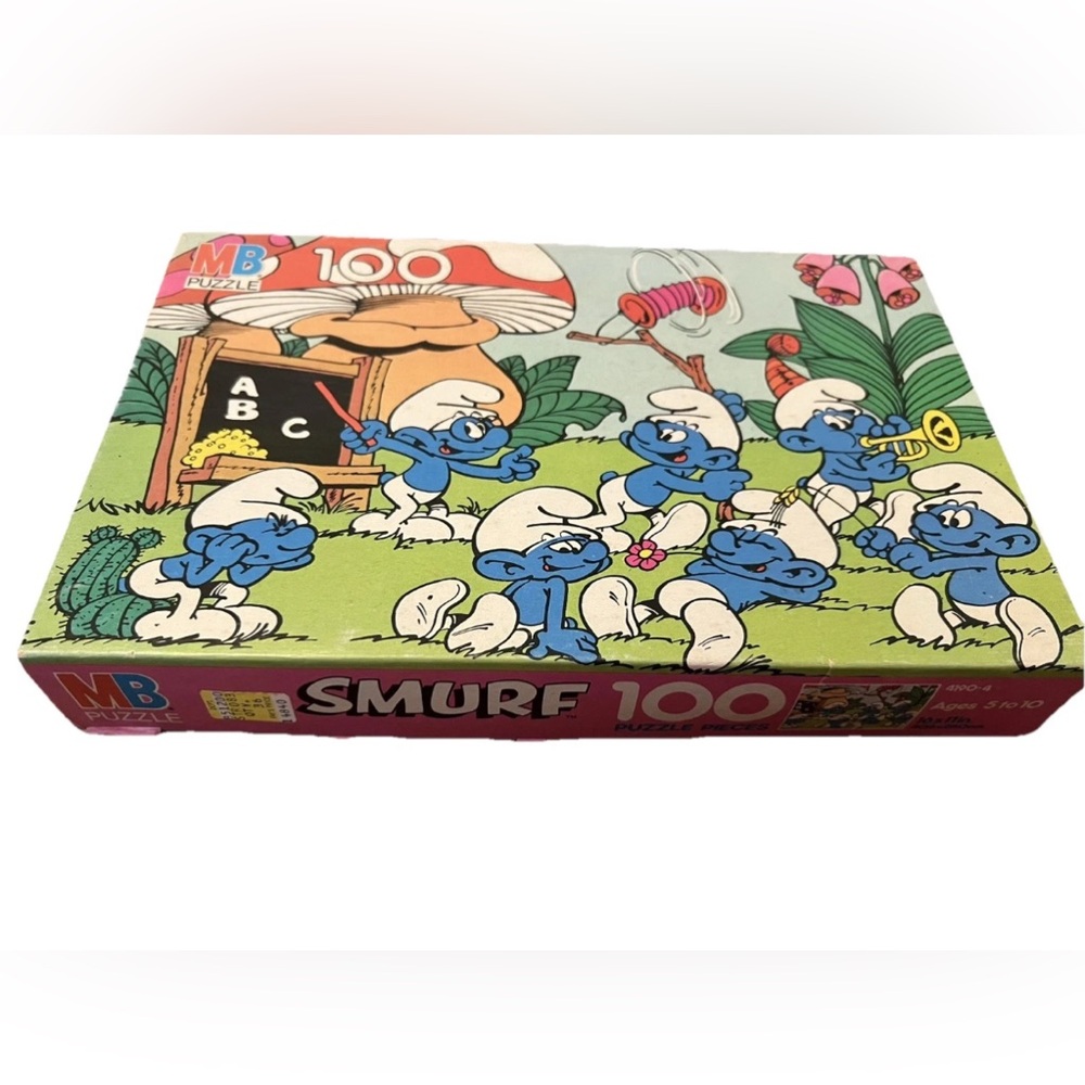 Smurfs Puzzle 80s Milton Bradley 16x11" Complete 100 Set Spring School Mushrooms